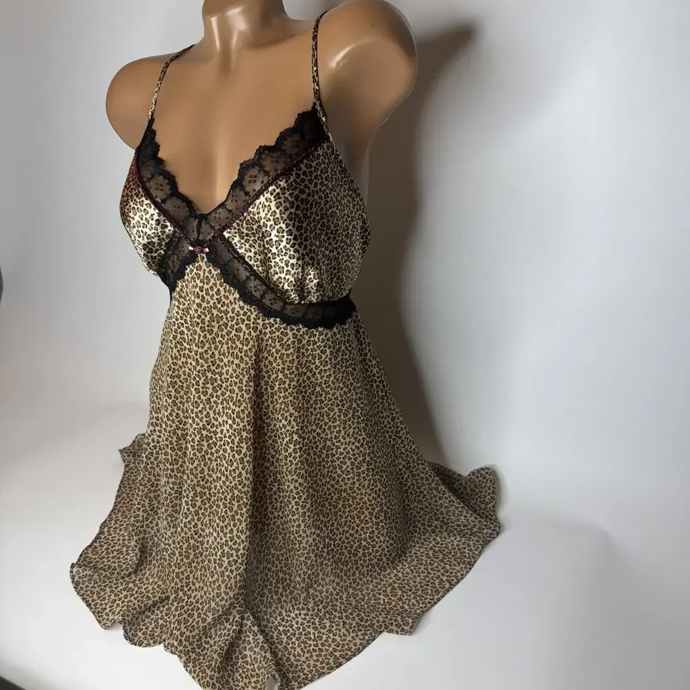 Vintage 80s Lingerie Slip Dress Womens M Leopard Print Lace Satin Coquette Fairy